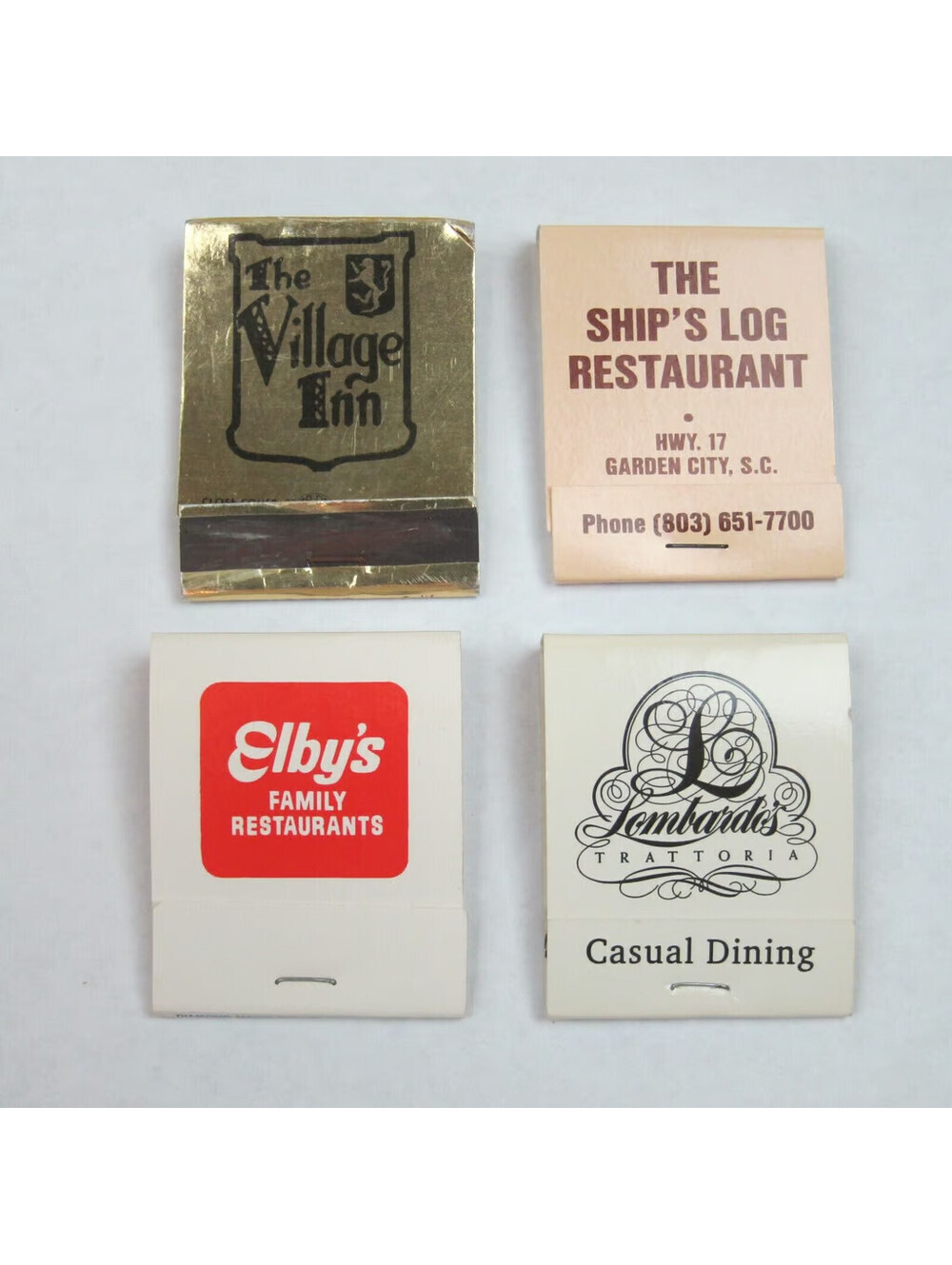 4 Vintage Matchbooks The Village Inn The Ship's Log Elby's Restaurant Lombard's
